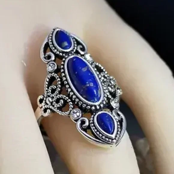 Ancient Silver Lapis-Lazuli Ring Faux Gemstones Silver Plated Blue Size 8 New - Picture 2 of 10
